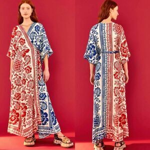 Farm Rio Mixed Maxi Red Blue Dress Pineapple Wrap Size XS